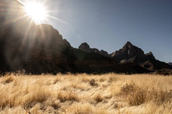 Sunburst Över Väktarna Och Gräsfält Från Parusleden Zions Nationalpark — Stockfoto