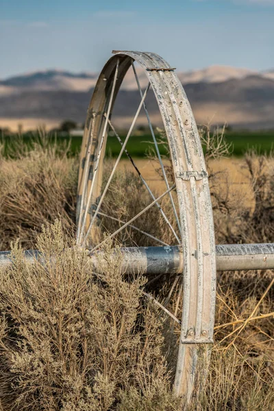 Tre Fjärdedelar Över Enkel Bevattning Wheel Fastnat Gräset Utanför Great — Stockfoto