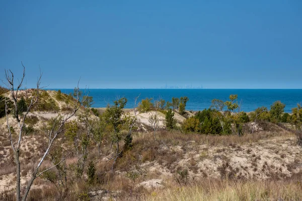 Vue Lac Michigan Après Avoir Creusé Les Dunes Sur Sentier — Photo