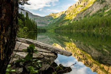 Buzul Ulusal Parkı 'ndaki Glassy Grace Gölü' nün üzerinde Rock Shelf asılı.