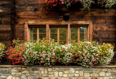 Çiçekler taşar Köy caddesi boyunca geleneksel bir İsviçre evinde Pencere Kutusu