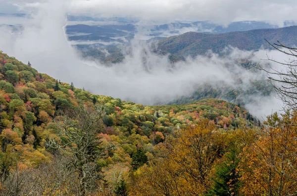 Niebla cae en las montañas a principios de otoño — Foto de Stock