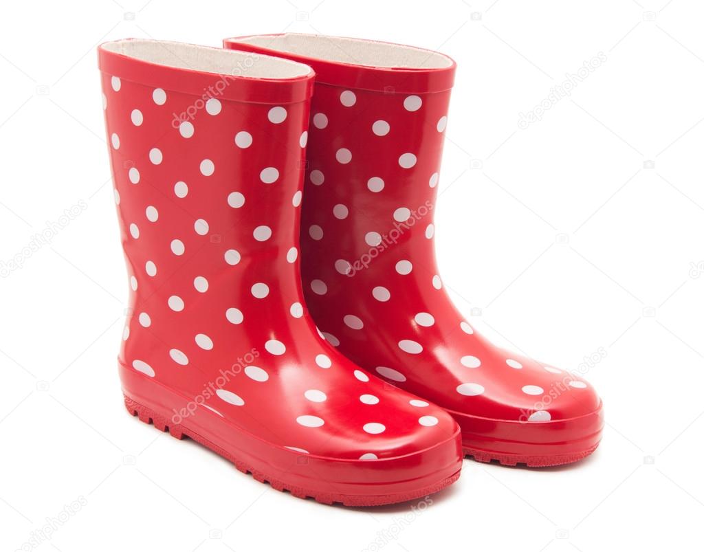 Rote Stiefel auf weiß — Stockfoto © NataliiaK #111854840 Paare Gumboots Regnen Sie Rote Stiefel Mit Den Punkten, Die