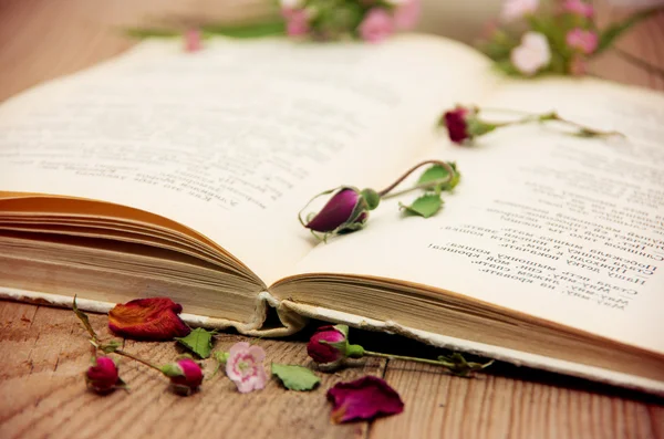 Kuru güller ve eski kitaplar. Tonu ayarlanmış resim — Stok fotoğraf