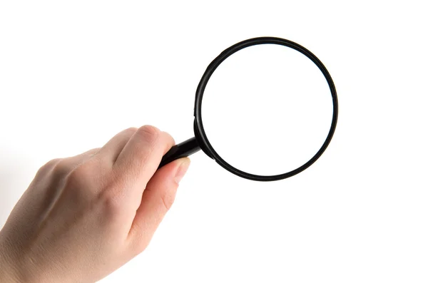 Hand holding magnifying glass isolated on white background — Stock Photo, Image