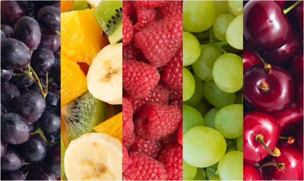 Fundo alimentar saudável. Coleta com frutas e bagas diferentes — Fotografia de Stock