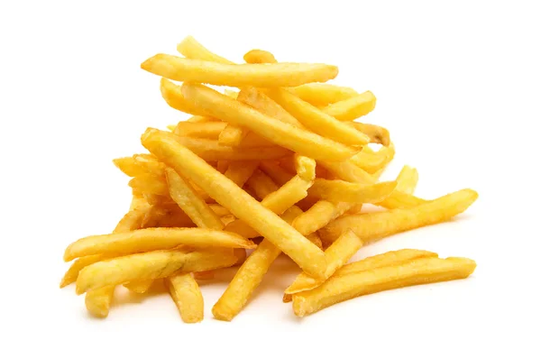 Un montón de papas fritas apetitosas sobre un fondo blanco Fotos de stock