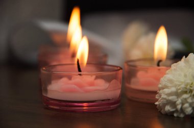 Mumlar ve çiçekler arka planda