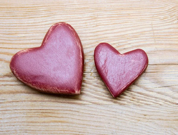 Two Red Hearts Old Shabby Wooden Background — Stock Photo, Image