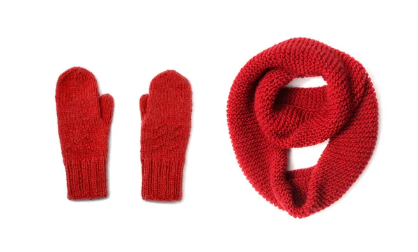 Red Mittens Red Scarf Isolated White Background — Stock Photo, Image