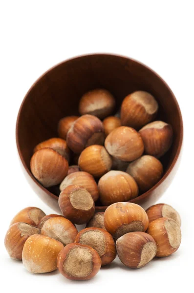 Hazelnuts in a wooden bowl on a white background — Stock Photo, Image