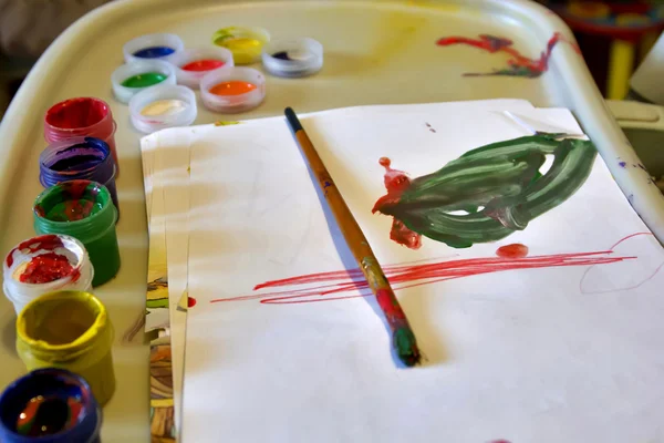 Kids paints and brush — Stock Photo, Image
