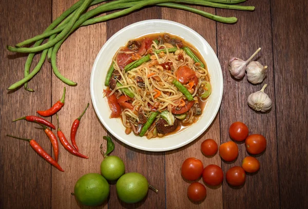 Зеленый Салат Папайи Som Tam Thai Салат Папайи Курицей Гриле — стоковое фото