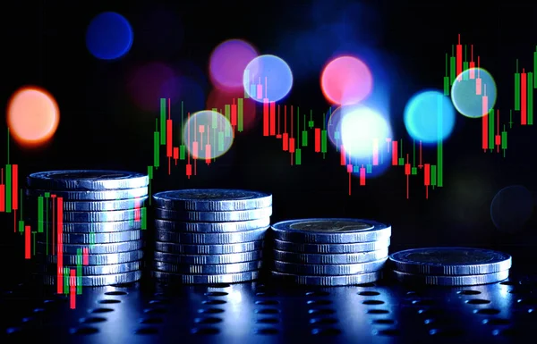 Stapel Von Geldmünzen Mit Forex Trading Graph Verwendung Des Finanzinvestitionskonzepts — Stockfoto