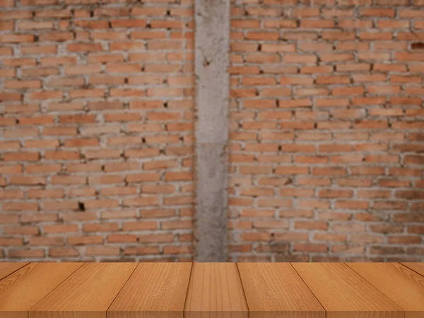 wood table with abstract blur brick wall with light background for product display