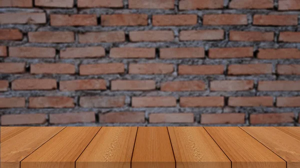 Mesa Madera Con Pared Ladrillo Desenfoque Abstracto Con Fondo Luz — Foto de Stock