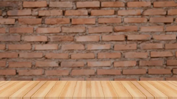 wood table with abstract blur brick wall with light background for product display