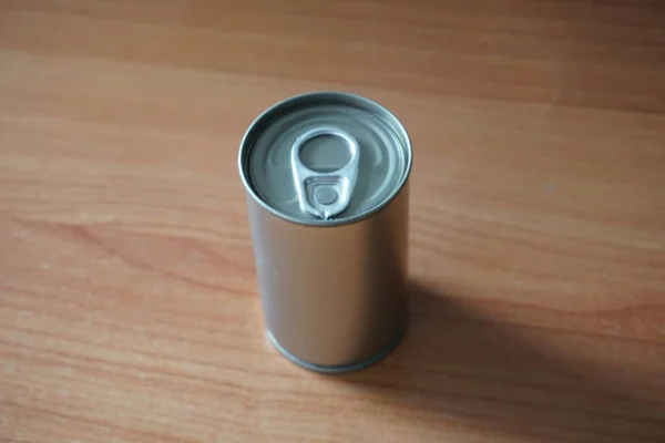 Aluminum Can White Background Blur Tinned Table — Stock Photo, Image