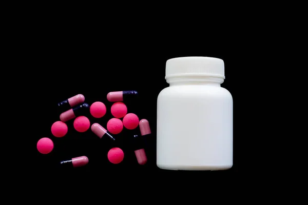 Pillole Mediche Sfondo Nero Bottiglia Pillole Concetto Febbre Virale — Foto Stock