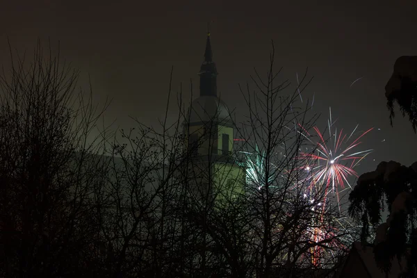 Churchtower and Fireworks — Stock Photo, Image