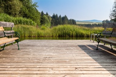 Ahşap yaya köprüsü ile küçük gölet