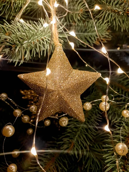 Díszítés Karácsonyfán Egy Ezüstös Csillag Karácsonyi Fenyőfa Koszorúhagymával Otthoni Boldog — Stock Fotó
