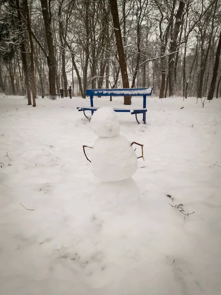 Vicolo Ambulante Con Una Panchina Divertente Pupazzo Neve Con Rami — Foto Stock