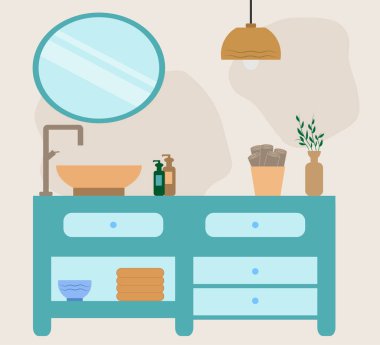 Banyo içi: Musluk, lavabo, sabun, krem, havlu, vazodaki çiçekler. Yeşil ve kırmızı renkli rahat bir oda. Vektör.