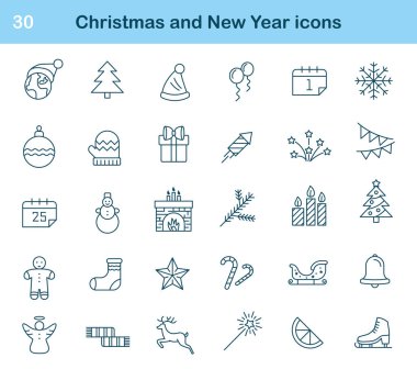 Kış ikonları aynı hizada. Kar tanesi, ağaç, hediye, dağ, kardan adam, şapka, termometre, bulut, kayak, rüzgar, eldiven ve mum içerir. Soğuk mevsim, tatil ve hava tasarımı için mükemmel..