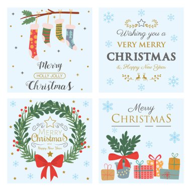 İçinde çelenk, hediye, mum, kar küresi ve süslü ağaç olan modern Noel kartları. Minimum ve şenlikli tasarım bayram kutlamaları, posterler, davetiyeler ve kış dekorları için mükemmel. Vektör