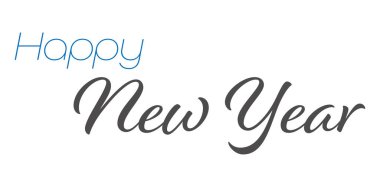 Mavi ve gri harflerle yazılmış zarif Yeni Yıl tasarımı. Bayram kartları, mevsimlik afişler, kış terfileri ve modern kutlama projeleri için mükemmel bir şenlik tarzı..