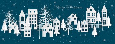 Kağıt kesim tarzı karlı bir kasaba, beyaz evler ve koyu mavi arka planda çam ağaçları olan kış tatili tebrik kartı. Mutlu Noeller ve düşen kar taneleri. Bayram afişleri için mükemmel. Vektör.