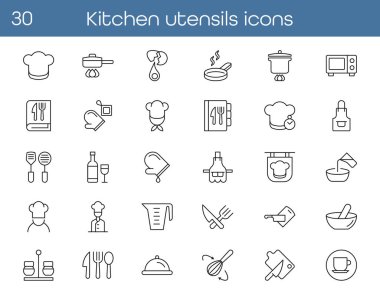 Basit mutfak aletleri, aşçı şapkaları, yemek takımları, çatal bıçaklar ve yemek malzemeleri. Yemek tarifleri, yemek blogları, menüler, uygulamalar, baskılar ve mutfak tasarım projeleri için mükemmel. Vektör illüstrasyonu.