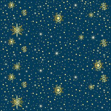 Altın kar taneleri ve koyu mavi arka planda parlayan noktalarla zarif, pürüzsüz bir desen. Noel kartları, ambalaj kağıtları, davetiyeler, baskılar, şenlik dekorasyonu ve kış tasarım projeleri için mükemmel..