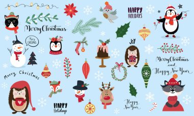 Hayvanlar, kardan adamlar, süsler, çelenkler, kutsallar, hediyeler ve şenlikli elementlerle kurulmuş şirin bir Noel vektörü. Tatil kartları, çıkartmalar, baskılar, kalıplar ve kış tasarımları için mükemmel. Vektör illüstrasyonu.