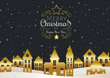 Zarif Mutlu Noeller ve altın renkli şehir silueti, şenlikli tipografi ve karanlık arka planda yağan karla dolu Mutlu Yıllar kartı. Kış tatilleri, pankartlar ve mevsimlik tasarımlar için mükemmel..