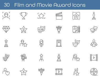 Siyah arka planda sinema ve ödül töreni simgeleri. Film yıldızı aktör medya eğlencesi ve yaratıcı tasarım projeleri için asgari özet semboller. Vektör illüstrasyonu