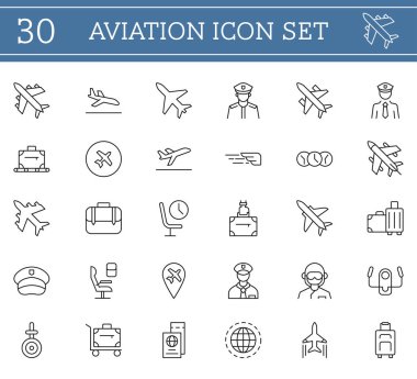 Havacılık ve havaalanı çizgisi simgesi ayarlandı. Uçak, pilot, bavul ve uçuş sembolleri. Havayolları, turizm uygulamaları ve ulaşım tasarım projeleri için mükemmel. Vektör illüstrasyonu.
