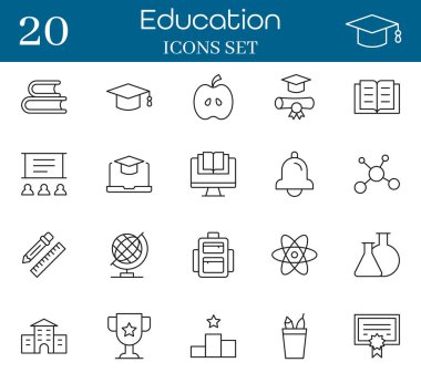 Okul ve öğrenme sembolleri ile eğitim ikonu oluşturuldu. Simgeler arasında mezuniyet bilimi çevrimiçi eğitim ödülleri ve sınıf unsurları yer alıyor. Eğitim uygulamaları için doğrusal simgeler kurslar ve e-öğrenme tasarımı.
