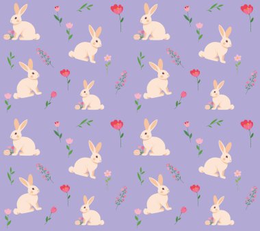 Pürüzsüz desenli şirin tavşancıklar Paskalya yumurtaları ve mor arka planda bahar çiçekleri. Pastel tavşan dekoru ve mevsimlik tasarım için tatlı pastel tavşan baskısı. Vektör.