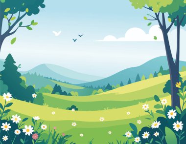 Mavi gökyüzünün altında yeşil tepeler, dağlar ve çiçek çayırları olan yaz manzarası. Ağaçlar, kuşlar ve bulutlarla dolu güzel bir arka plan. Seyahat ve ekolojik tasarım için vektör çizimi. Vektör.
