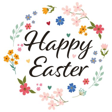 Elle çizilmiş çiçek yaprakları ve kalplerle mutlu Paskalya tebrik kartları. Renkli çiçek unsurları ve zarif harflerle hoş bir bahar çizimi. Tatil tasarımı, davetiyeler, kartlar için mükemmel..