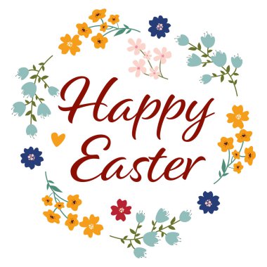Elle çizilmiş çiçek yaprakları ve kalplerle mutlu Paskalya tebrik kartları. Renkli çiçek unsurları ve zarif harflerle hoş bir bahar çizimi. Tatil tasarımı, davetiyeler, kartlar için mükemmel..