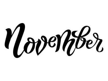 Kasım - İngilizce 'de yılın en güzel el yazısıyla yazılmış modern siyah ana hatlı ismi beyaz arka planda izole edilmiş. Grafik tasarımı için tek renkli 12 aylık harf şablonu, gevşek yaprak takvimi, masa takvimi sayfası, eğitim, model.