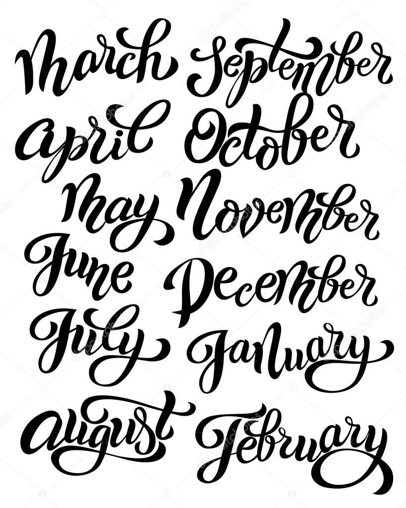 Beautiful handwritten modern black outline name of month of the year in english isolated on a white background. Vector illustration set. Monochrome12 months lettering template for graphic design, desk calendar, loose-leaf calendar, education, mock-up