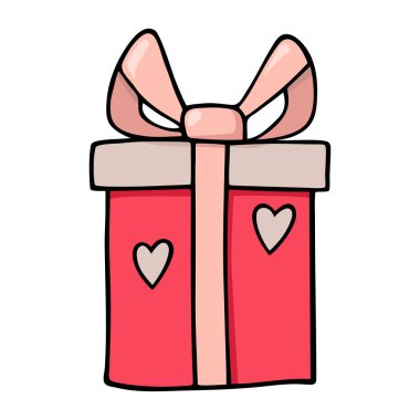 El çizimi karikatür renkli paketlenmiş hediye kutusu beyaz arka planda izole. Sevgililer Günü, doğum günü partisi, düğün, yıldönümü ve günlük kutlama için hoş bir unsur..