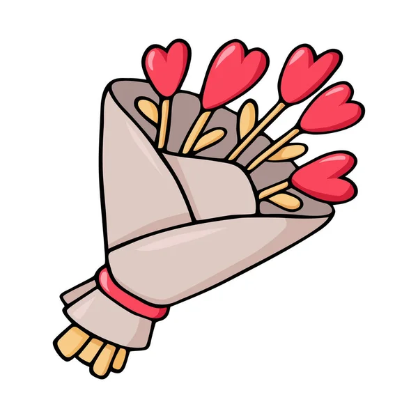 Bela Mão Desenhada Embrulhado Buquê Corações Flores Ilustração Isolada Fundo — Vetor de Stock