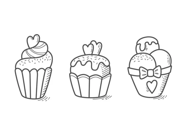 Monochrome Cupcake Icon Set Doodle Style Simple Vector Illustration Gray — Stock Vector