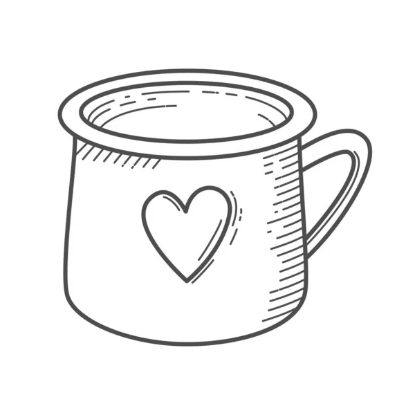 Tazza Monocromatica Nera Con Icona Del Cuore Stile Doodle Simplel — Vettoriale Stock