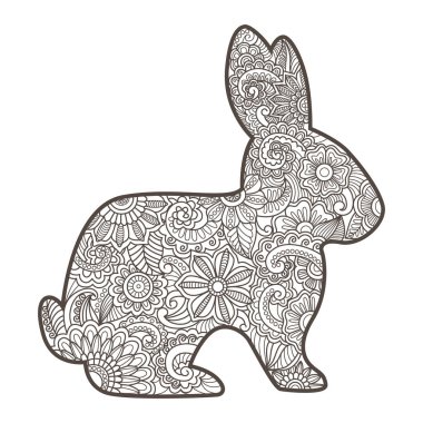 Renk sayfası, kitap, dövme, grafik tasarımı için beyaz arkaplanda izole edilmiş siyah çizgili tavşan çizimi